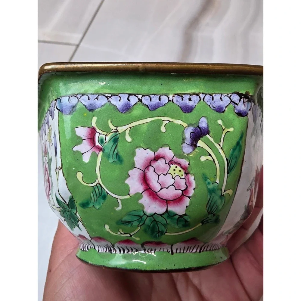 Vintage Chinese Cloisene Enamel Hexagonal Bowl Green Floral‎ Bird 4.25